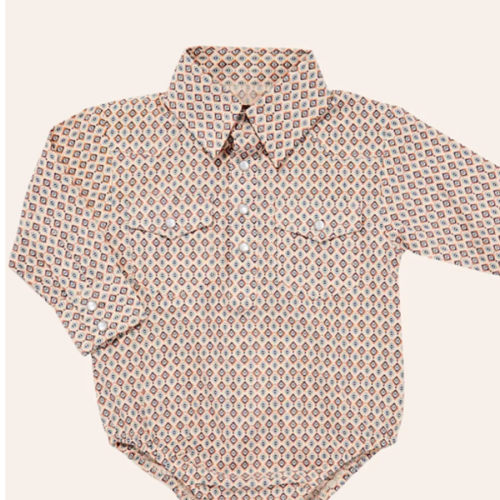 Rafter C Infant Boys' Cream Geo Print Long Sleeve Pearl Snap Onesie | Cavender's