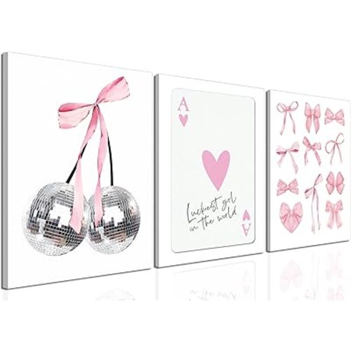 Pink Bows Wall Art Set of 3, Preppy Coquette Wall Decor, Trendy Disco Ball and Lucky Card Poster Canvas Prints for Teen Girl Apartment Bedroom Living Room Aesthetic 12x16 inch Framed