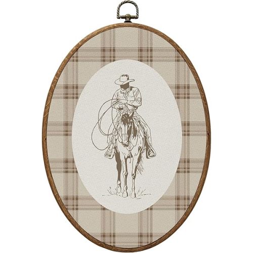 KYTWSFWS Vintage Cowboy Nursery Canvas Wall Art Decor, Western Rustic Farmhouse Nursery Decor, Brown Plaid Oval Hanging Frame Prints Decorations for Kids Toddler Room Bedroom Playroom 8.6x11.4 Inch