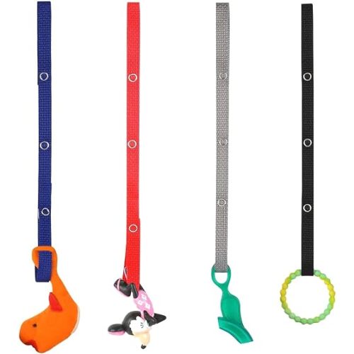 Baby Buddy Secure-A-Toy, Safety Strap Secures Toys, Teether, Pacifiers to Strollers, Highchairs, Car Seats, Adjustable Length Keep Toys Sanitary, Registry Must Haves, Blue-Orange-Grey-Black, 4 Count