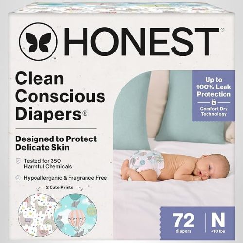 The Honest Company Comfort Dry Disposable Daytime Diapers for Sensitive Skin, Hypoallergenic, Above It All + All the Alpacas, Club Box Size Newborn 72 Count