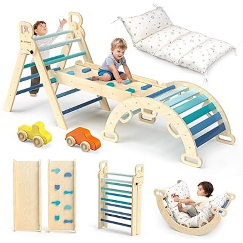 BlueWood Pikler Triangle Set with Cushion - Climbing Toys for Toddlers 9-in-1, Montessori Philosophy Play Jungle Gym with Arch, Ramp, Ladder (Blue)