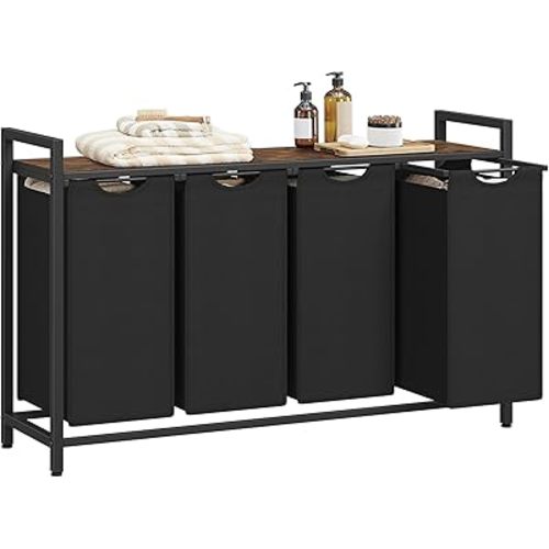 VASAGLE Laundry Hamper, Laundry Basket, Laundry Sorter with 4 Pull-Out and Removable Bags, Shelf, Metal Frame, 4 x 10.6 Gallons (40 L), 45.7 x 13 x 28.4 Inches, Ink Black and Rustic Brown UBLH401B01