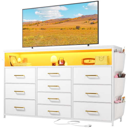 "EnHomee White Dresser TV Stand, 10 Drawers, LED Lighting, USB Ports, 55"" TV Storage"
