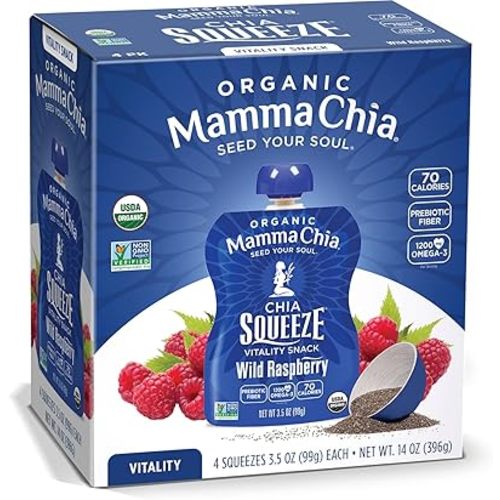 Mammachia Organic Chia Squeeze Vitality Snack, Wild Raspberry, No Added Sugar, Vegan Friendly, Kosher, USDA Certified Organic, Gluten Free & Non-GMO, 4 Count, 14 Ounce (Pack of 6)