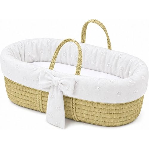 Ababy Moses Basket with Mattress, Fabric Liner & Polycotton Fitted Sheet – Portable Wicker Bed for Newborns, Breathable Nursery Sleep Space, Lightweight Design - White Ruffle