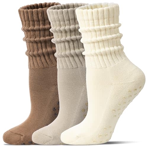 Pilates Socks for Women Mid Calf Slouch Yoga Socks with Non Slip Grippers for Barre Boot Sock 3 Pairs