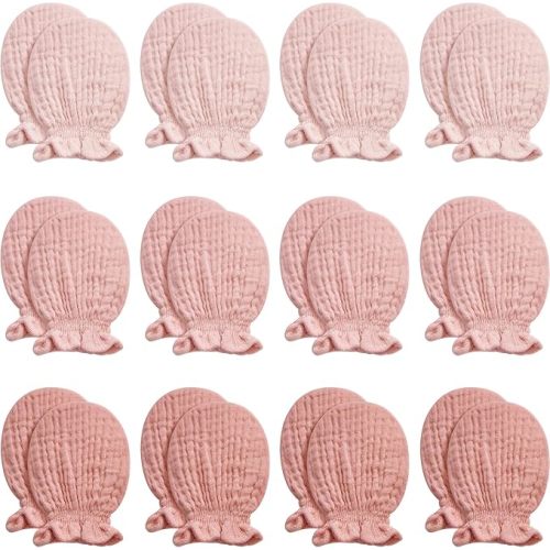 Pro Goleem Baby Mittens 12-pack for Newborn Boys & Girls, Soft Organic Cotton Muslin No Scratch Gloves with Elastic Strap,Infant Essentials 0-6 Months,Neutral Dusty Pink, Baby Registry Must Haves Gift