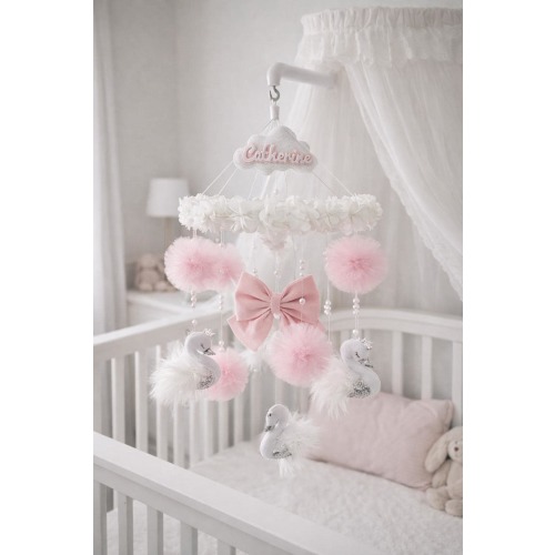 Pink White Felt Swan Baby Mobile: Boho Nursery Hanging with Tulle Pom Poms