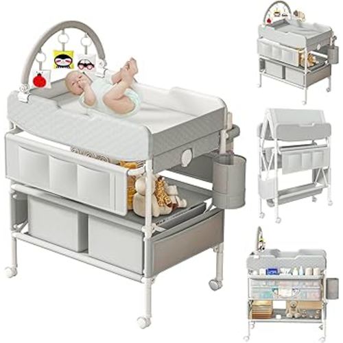 Baby Changing Table with Drawers, Waterproof Versatile Folding Diaper Changing Station with Storage, Adjustable Height, Portable Diaper Chang ing Station, Mobile Nursery for Infant and Newborn