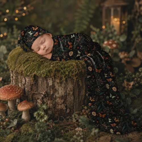 Whimsical Woodland Swaddle Blanket for Baby, Goth Swaddle, Witchy Moth, Fungi, Flora Baby Blanket with Matching Headband or Hat,