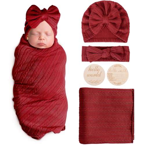 AQOKKA Newborn Receiving Blanket with Bow Hat Headband Wooden Card Set Wheat-Pattern Newborns Toddler Baby Boy Girl Nursery Swaddle Wrap