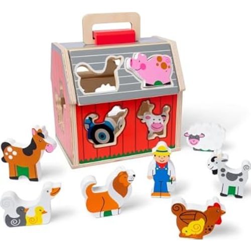 Melissa & Doug Take-Along Wooden Toy Barn, 11-Pc Portable Toddler Playset with Farm Animals & Pop-Up Roof, Preschool Learning Toys for Girls & Boys 2+