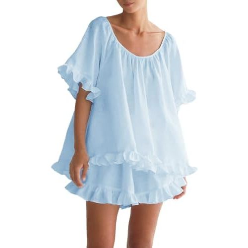 Women Summer 2 Piece Set Fashion Short Sleeve Ruffle Trim Top and Shorts Set Cotton Pajama Sets