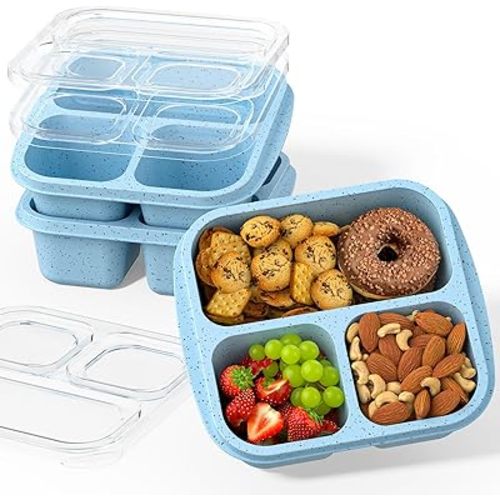 Snack Boxes (3 Pack) - Stackable Bento Boxes with 3 Compartments, Meal Prep Containers Reusable, Lightweight Lunch Containers for Kids and Adults, BPA Free (Blue)