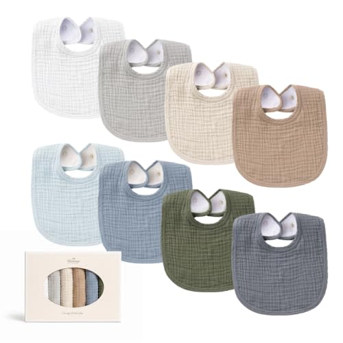 Konssy 8-Pack Muslin Baby Bibs, Adjustable Fit for Drooling and Teething | Soft Absorbent, Drool Bibs for Baby Boys Girls, Cotton Front with Fleece Backing, Newborn to Toddler 0-36M