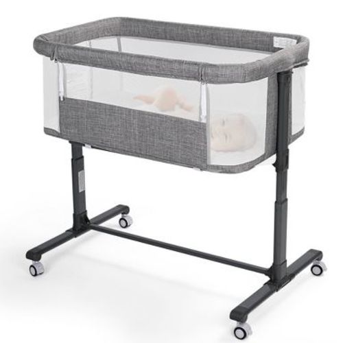 Kinder King Baby Bassinet 2 in 1 Bedside Sleeper Folding Portable w/Storage Basket All-Sided Mesh 6 Adjustable Height Comfy Mattress Dark Gray