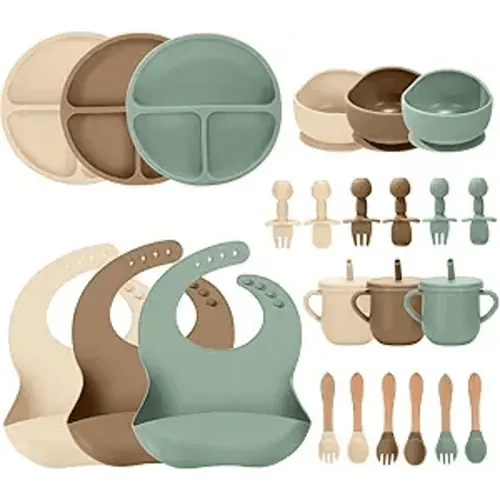 24 PCS Silicone Baby Feeding Set, Baby Led Weaning Supplies Includes Suction Bowls and Divided Plates, Adjustable Silicone Bib, Spoons&forks, Training cup with straw (Green+Brown+Beige)