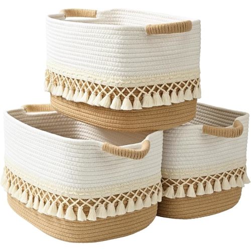 3 Pack Storage Basket for Shelves, Boho Cotton Rope Storage Bins with Heavy Tassel, Shelf Baskets Large Woven Baskets for Organizing, Cube Organizer Bins, Baby Laundry Basket for Clothes, Toys, Pets