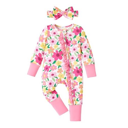 PATPAT Baby Girl Boy Clothes Newborn Infant Footie – Soft Viscose from Bamboo– 2-Way Zipper, Fold-Over Mitten, Ruffle Trim