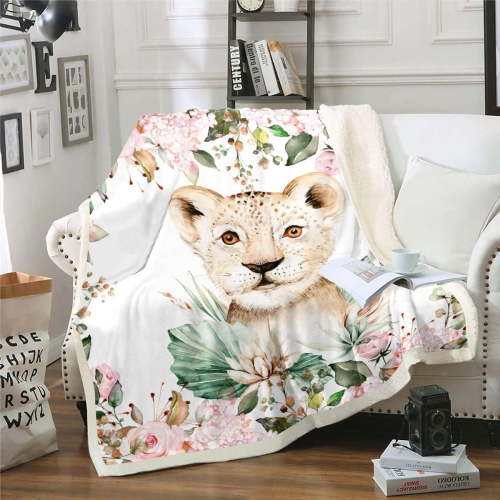 Cartoon Lion Fleece Blanket Baby Size Kids,Pink Floral Sherpa Blanket Girls Boys Baby Lion Print Plush Blanket Safari Animal Blanket,Tropical Plants Throw Blanket Soft Cozy White