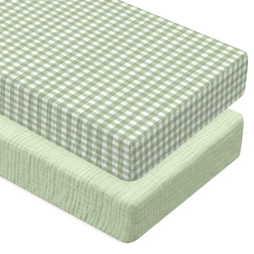 Breling 2 Pcs Muslin Green and Green Gingham Crib Sheets for Girl, 52"X 28" | Soft Breathable Plaid 100% Cotton Baby Standard Mattress Cover, Fitted for Girl Boy Nursery Mattress, Washable