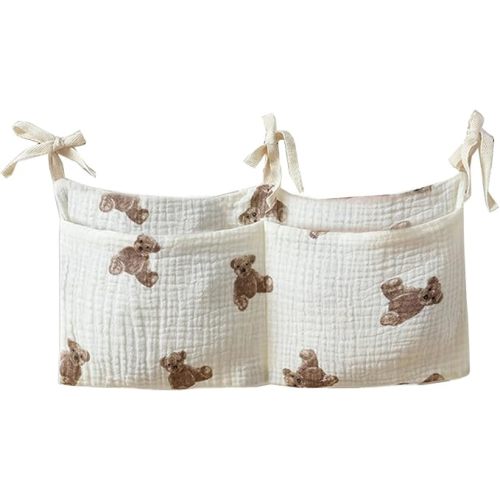 Bedside hanging bag for storing baby milk bottles and blankets - Baby diaper folding bed organizer bag - White teddy bear