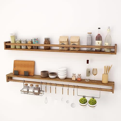 Fun Memories Nursery Book Shelves - Rustic Natural Solid Wood Floating Bookshelf for Kids - Wall Book Shelves for Kids Room (Carbonized, 48inch - 2P)
