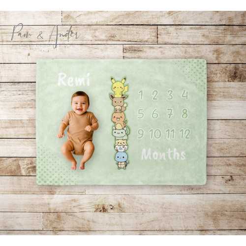 Baby Poke Animals blanket, Baby Boy Gift, Baby Shower Gift, Green Milestone blanket, Personalized Baby gift, Pokemon Baby Blanket