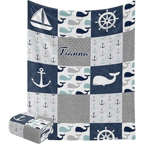 Personalized Nautical Sailboat Anchor Wheel Whale Baby Blanket with Name Text Custom Newborns Infants Swaddling Blankets for Boys &Girls Shower Birthday Gift 30 X 40 inches