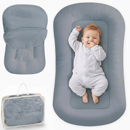 Infant Support Cushion - Baby Lounger for Newborn, 0-24 Months, Breathable Cotton Fabric Infant Support Cushion, Portable Newborn Essentials for Home and Travel, GrayishBlue (Cover Included)