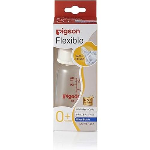 Pigeon Flexible Slim Neck Baby Bottle for 0+ Months Babies, 120ml, Glass, 1-Pack