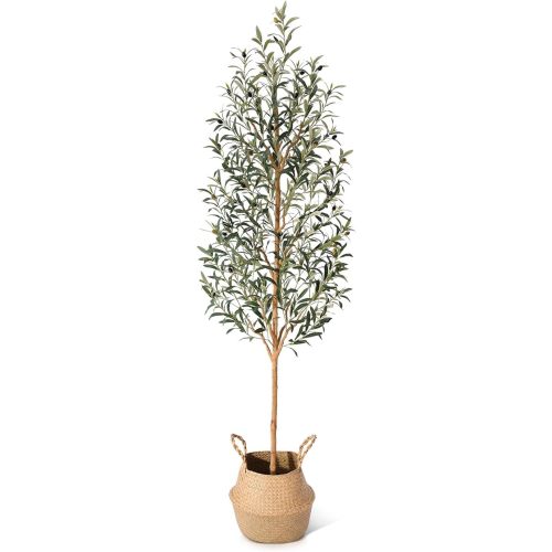 Faux Olive Tree 7FT – Tall Artificial Plants Indoor with Real Wood Trunk & Seagrass Basket, Lifelike Silk Leaves & Fruits – Potted Large Fake Trees for Home, Living Room, Bedroom & Office Decor
