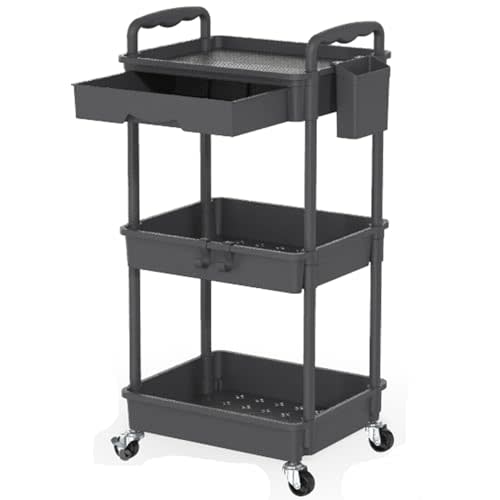 SUNALLY Rolling Storage Cart with Detachable Drawers, Locking Wheels, Cup Holder & Hooks, Easy Assembly 3-Tier Mobile Organizer for Kitchen, Bathroom, Craft Room, Jet