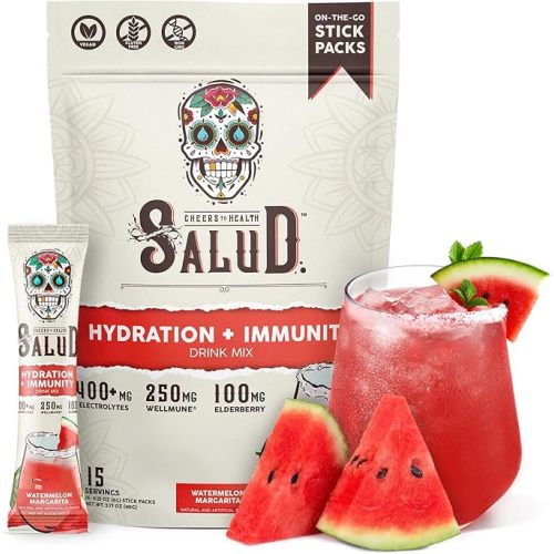 Salud 2-in-1 Hydration Packets + Immunity Electrolytes Powder, Watermelon Margarita - Agua Fresca Drink Mix, Elderberry, Dairy & Soy Free, Non-GMO, Gluten Free, Vegan, 1g Sugar (15 Servings)