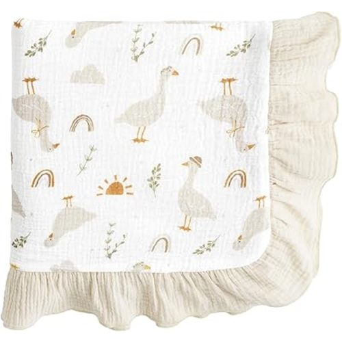 david's kids Flounce Muslin Baby Blanket for Girls Boys, 100% Cotton Soft Crib Swaddle Blankets, Reversible & Breathable Nursery Bedding for Newborns Toddlers, 47 x 47 Inches (Goose)
