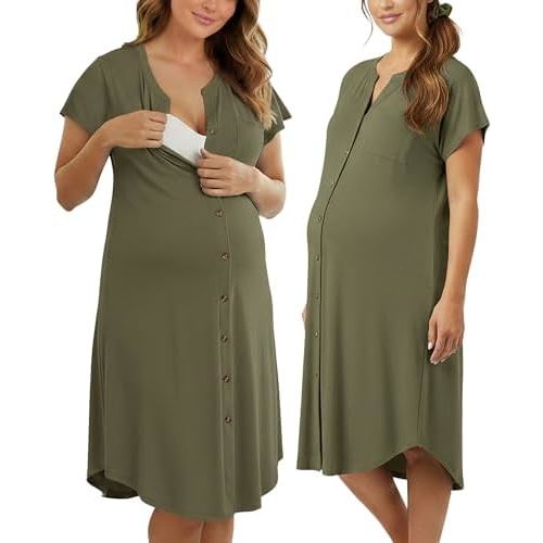 PATPAT Maternity Midi Dress, Button-Down Nursing Dress with Pockets for Baby Shower, Pregnancy & Postpartum