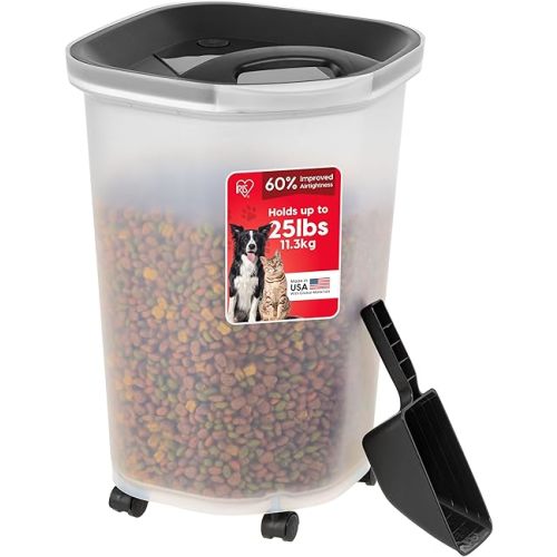 IRIS USA Pet Food Storage Container 25 lbs, Premium 60% Improved Airtight Seal with Air Valve, 2 Cup Scoop, Removable Wheels, Easy to Open - Made in the USA, Black
