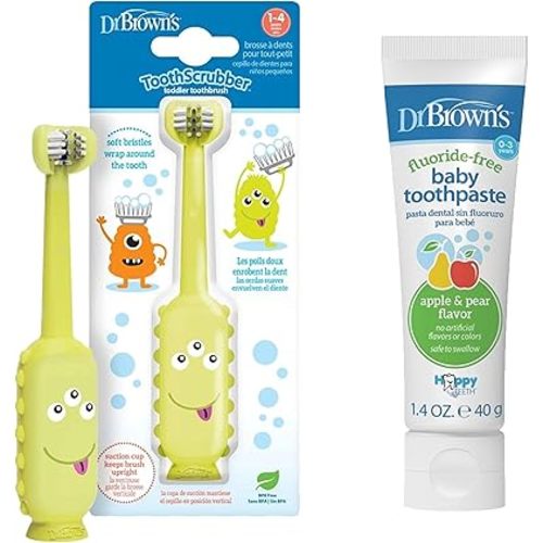 Dr. Brown's ToothScrubber Toddler Toothbrush & Fluoride-Free Baby Toothpaste Bundle, Triple-Sided Training Toothbrush, Ages 1-4 Years, Apple Pear Flavor, 1-Pack, 1.4oz/40g, 0-3 Years