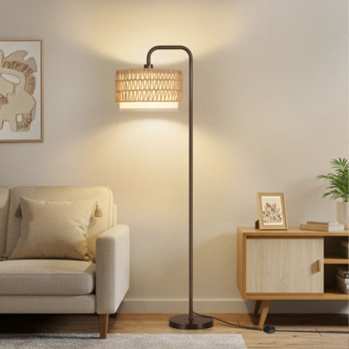 68" Arched/arc Rattan Floor Lamp With Bulb And Remote Control | Wayfair