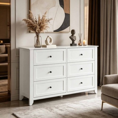 Modern 6 Drawer Dresser for Bedroom, 54" Wide Wooden Dressers with Large Storage,Handleless Chest of Drawers TV Stand for Living Room & Hallway
