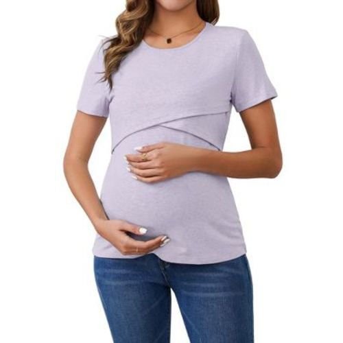 INSPIRE CHIC Women's Ribbed Knit Short Sleeve Nursing Shirts Crossover Maternity Breastfeeding Tops Medium Purple