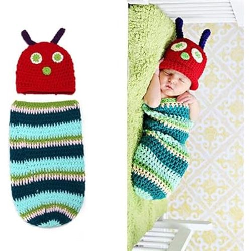 Crocheted Cute Caterpillar Outfit Beanie Hat Clothes Newborn Photography Props Handmade Knitted for Unisex Infant Boy Girl