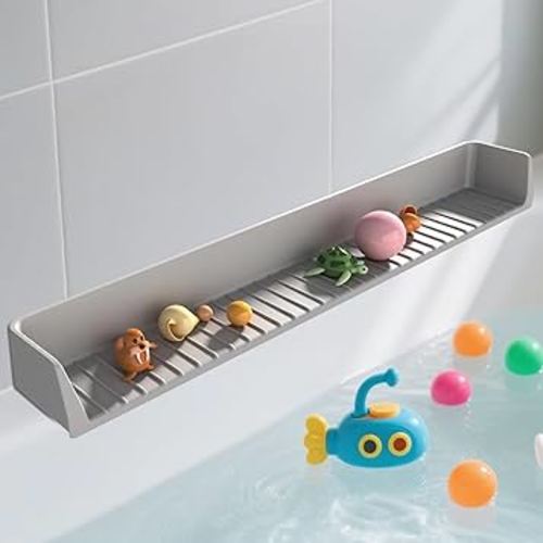 Bathtub Splash Guard for Kids - 31 Inch Silicone Tub Side Shelf with Strong Suction Cups, Toy Tray Holder to Prevent Water Spills, Keep Bathroom Dry (Gray)