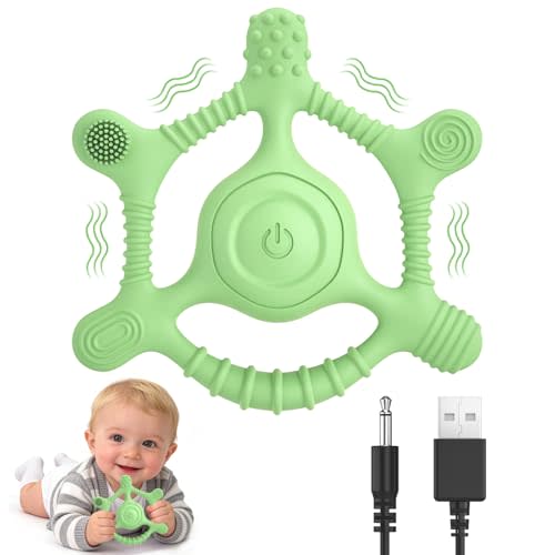 Vibrating Teether for Baby | Sensory Toys for Kids with Autism | Toddler Travel Essential Teething Toys for Babies 6-18 Months, USB Chargeable & 3X Gentle Vibration Settings (Green)