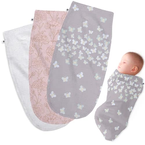 Henry Hunter Baby Swaddle Sack | The Simple Swaddle | Soft Stretchy Cotton Swaddles for Newborns | Baby Swaddles 0-3 Months, Swaddle Blankets Baby Girl, 3-Pack, Butterfly | Carnation | Light Heather