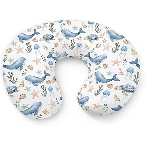 Watercolor Ocean Whale Sea Turtle Starfish Seashells Pattern Nursing Pillow Cover, Unisex Removable Breastfeeding Pillowcase Slipcover for Baby Girls Boys Newborns Toddlers, Cover Only