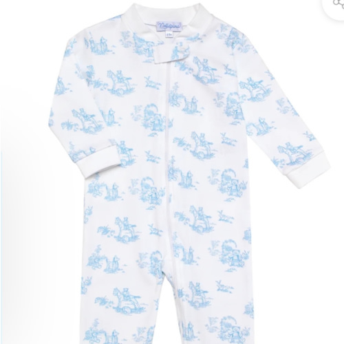 Blue Toile Zipper Footie