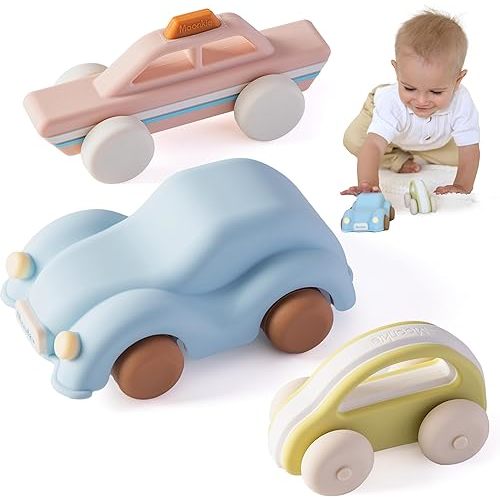 Moonkie Food Grade Silicone Toy Cars for Toddlers 1-3, Push and Go Baby Car Toys 6-12 Months+, One-Piece Design Infant Toys, Birthday Gifts for 1 Year Old Boy Girl, Easy to Clean & Grasp, 3 Pack