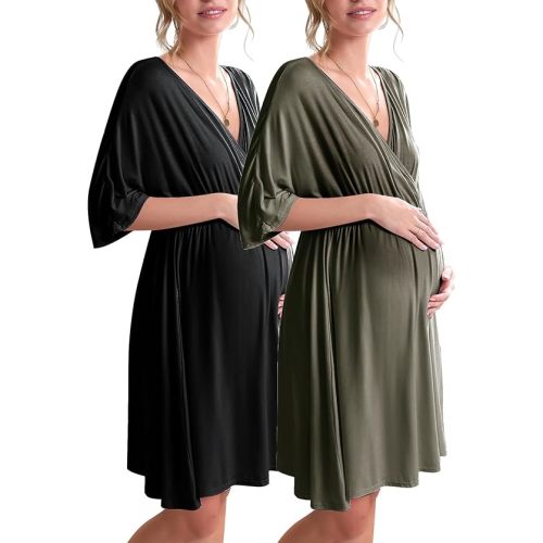 Ekouaer 3 in 1 Labor/Delivery/Hospital Gown 2 Pack Maternity Dress Nursing Nightgown Sleepwear